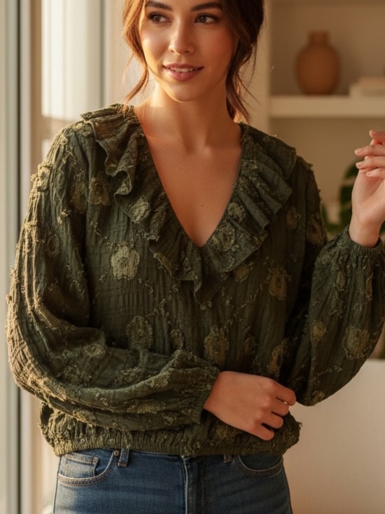 Sage + Fig Tops - Sage + Fig Green Textured Floral Long Sleeve Ruffle Neck Top Women’s Size Medium
